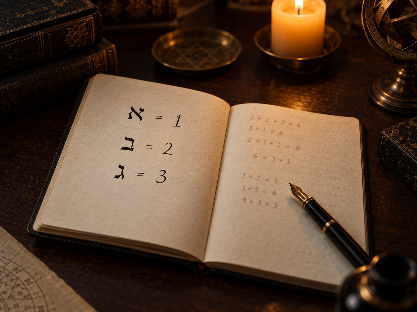 Cuaderno de estudio con letras hebreas y sus valores numéricos